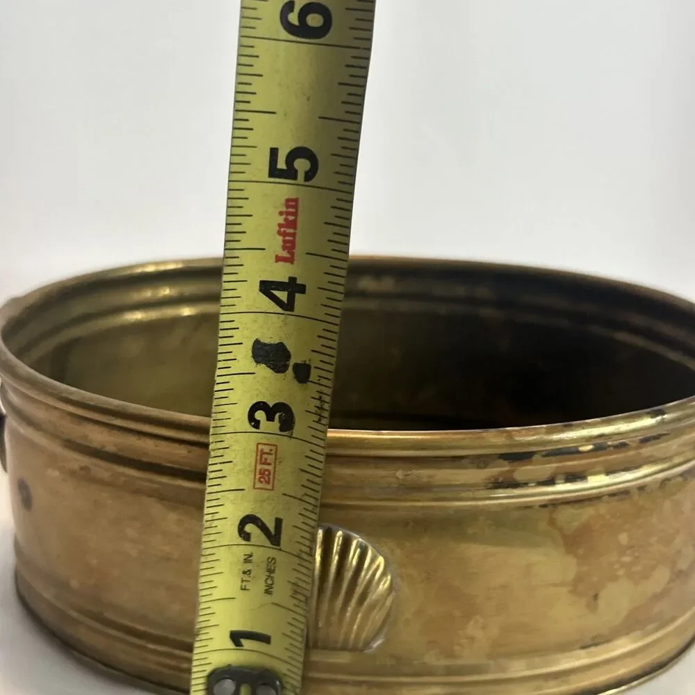 Vintage MCM Brass Oval Planter w Handles and Scallop Shell 8x5.5 Patina Nautical